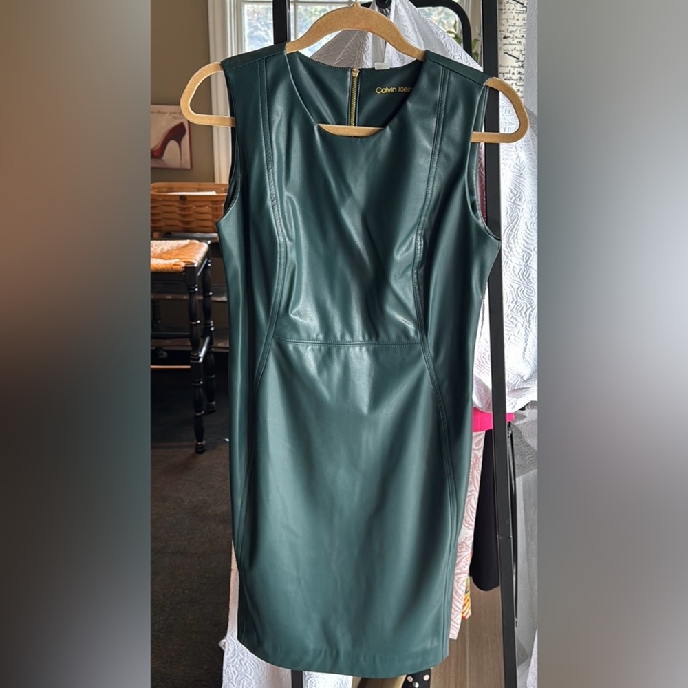 Calvin Klein hunter green dress faux leather. gold zipper in back - Picture 5 of 7